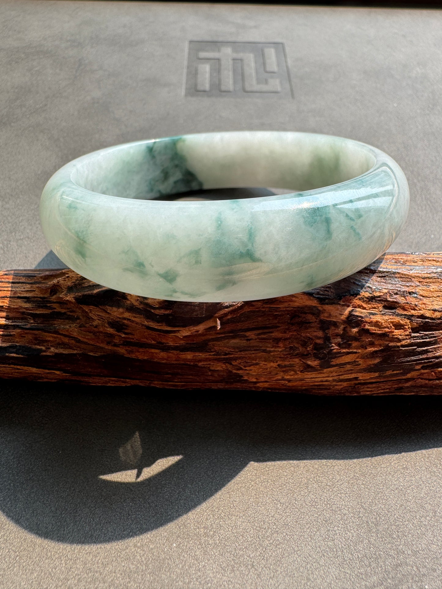 #0421 Icy Bluish Green Flower Jade Bangle Size 60.5