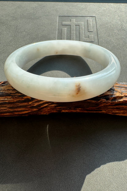 #0442 Icy White Light Green Yellow Spot Jade Bangle Size 58.9
