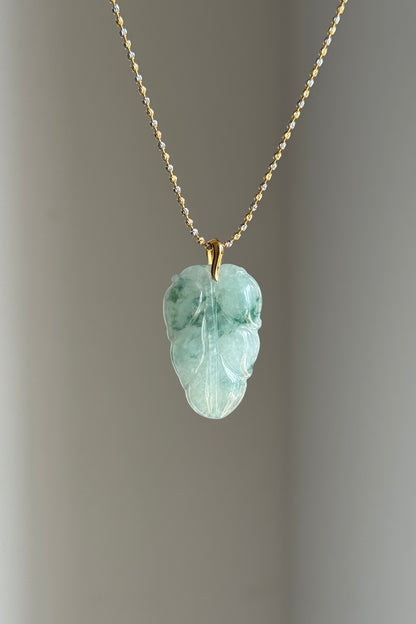 #P0545 "Leaf" Icy Green Flower Jadeite Jade 18K Yellow Gold Pendant
