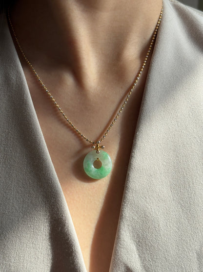 #P0498 "Bi" Icy Bright Sun Green Jadeite Jade Donut 18K Yellow Gold Pendant