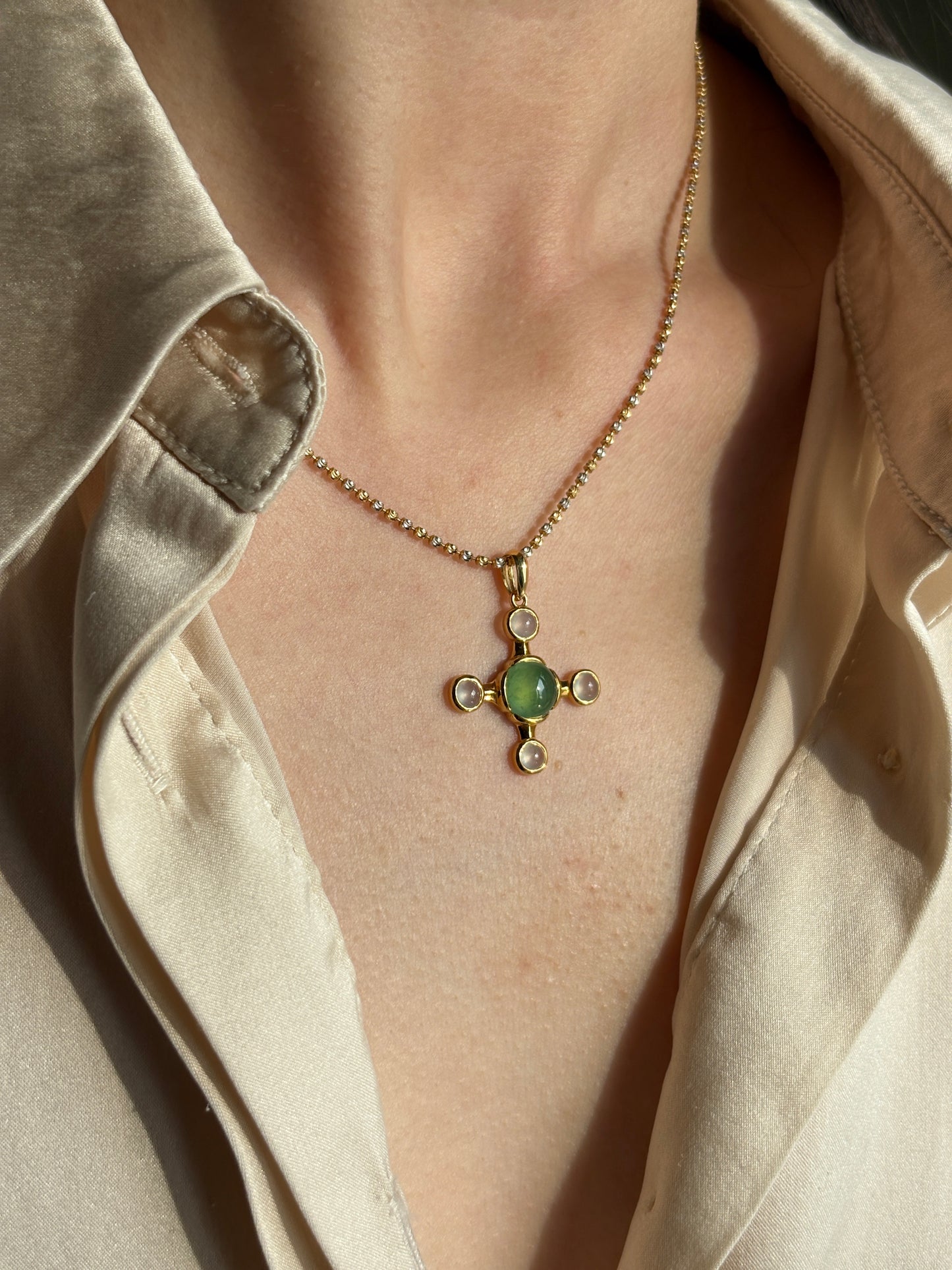 #P0551 "Blossom Cross" Highly Icy Sun Green & White Cabochon Jadeite Jade 18K Yellow Gold Pendant