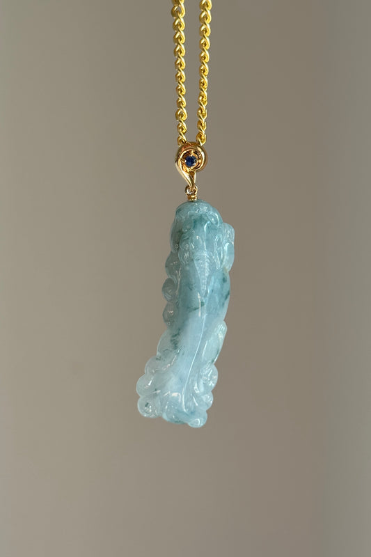 #P0572 "Chi Dragon" Icy Blue Lavender Green Flower Jadeite Jade 18K Yellow Gold Pendant