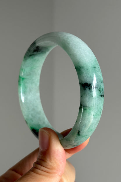 #0377 Sun Green Ink Flower Wide Jade Bangle Size 59.4