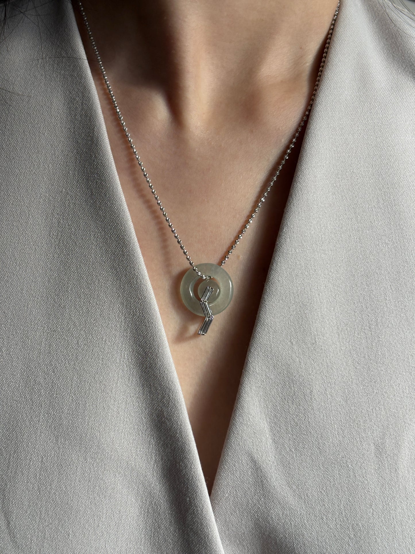 #P0495 "Bi" Highly Icy Light Green Jadeite Jade Donut 18K White Gold Pendant