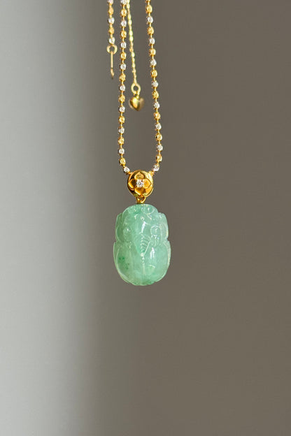 #P0566 "Pixiu" Icy Vivid Green Jadeite Jade 18K Yellow Gold Pendant