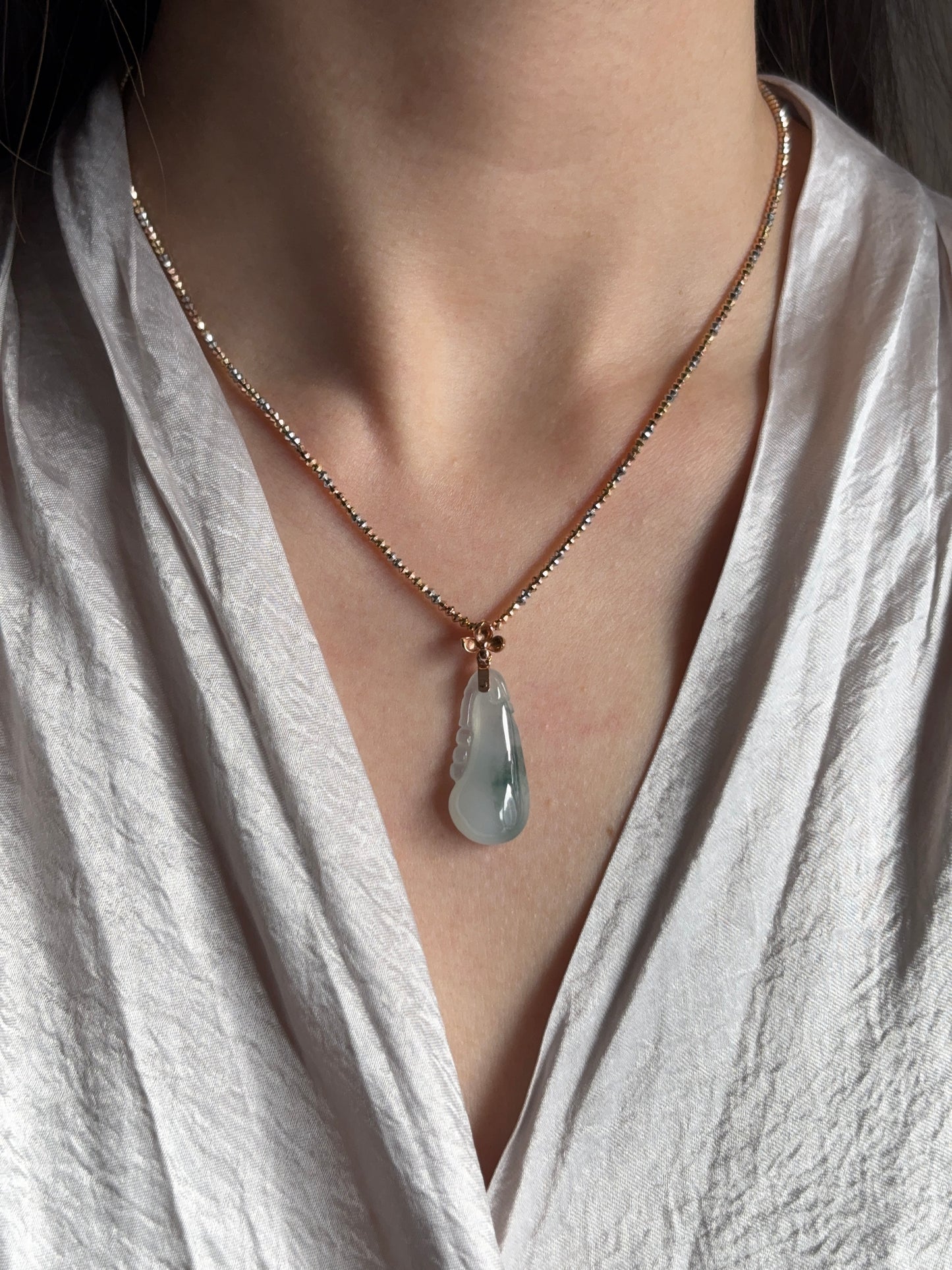 #P0487 "Fortune Melon" Icy Bluish Green Jadeite Jade 18K Rose Gold Pendant