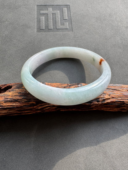 #0378 Icy Lotus Green Red Spot Oval Jade Bangle Size 55