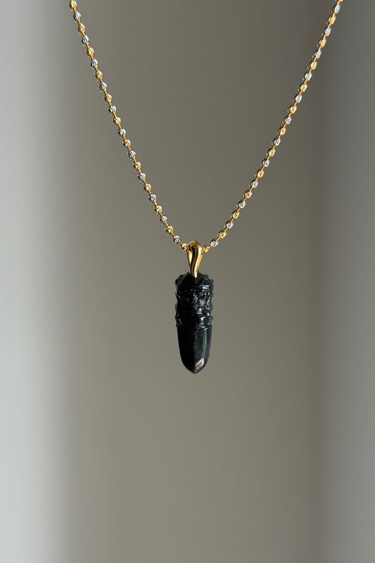 #P0543 “Vajra/Thunderbolt“ Black Jadeite Jade 18K Yellow Gold Pendant