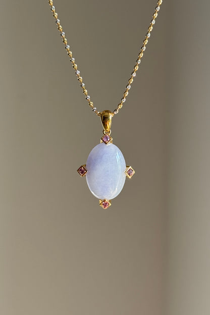 #P0536 Icy Vivid Lavender Jadeite Jade Cabochon 18K Yellow Gold Pendant