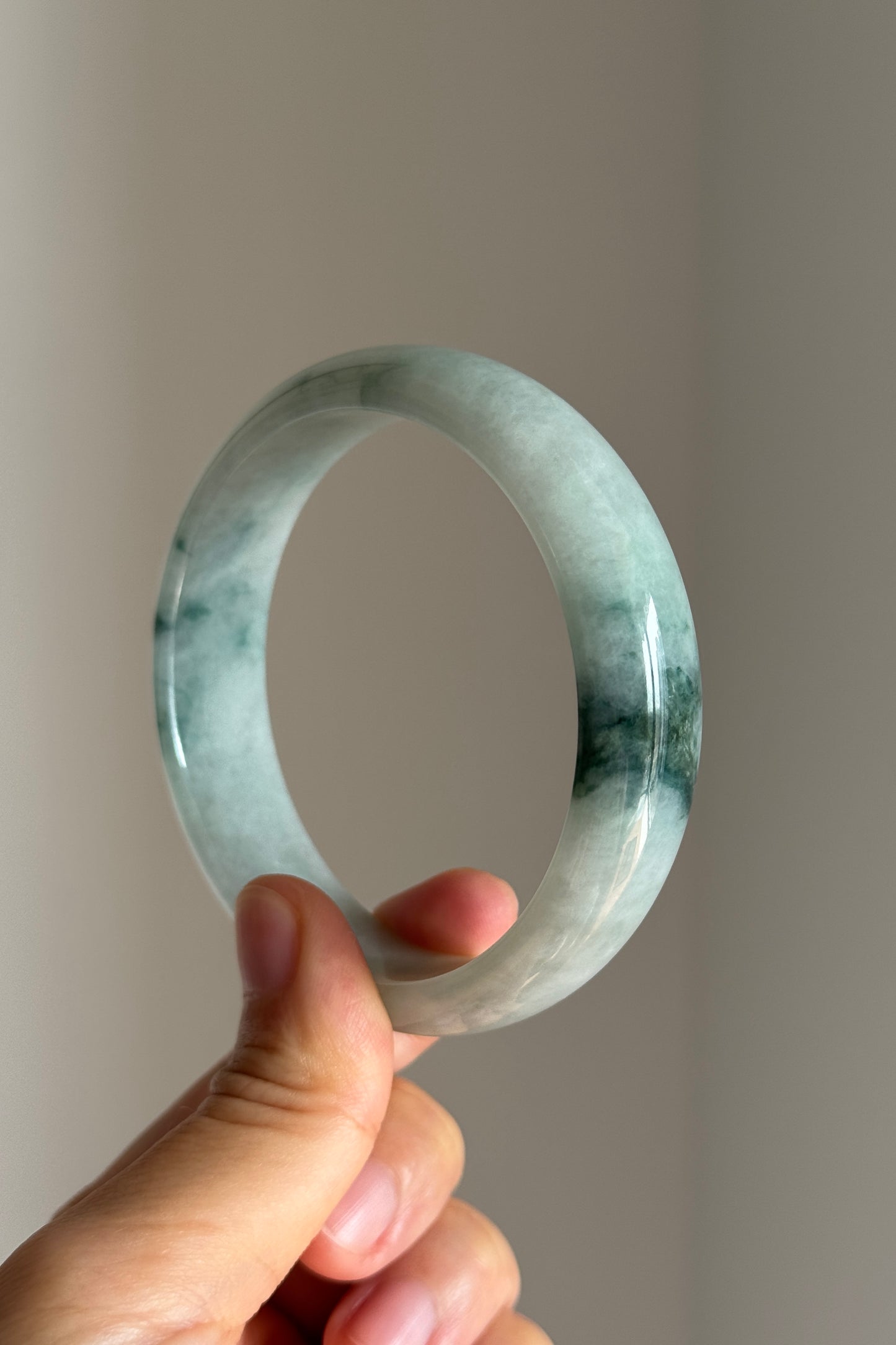 #0421 Icy Bluish Green Flower Jade Bangle Size 60.5