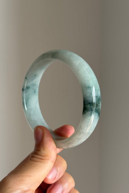 #0421 Icy Bluish Green Flower Jade Bangle Size 60.5