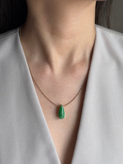 #0465 "Water Drop" Vivid Sun Green Jadeite Jade 18K Yellow Gold Pendant
