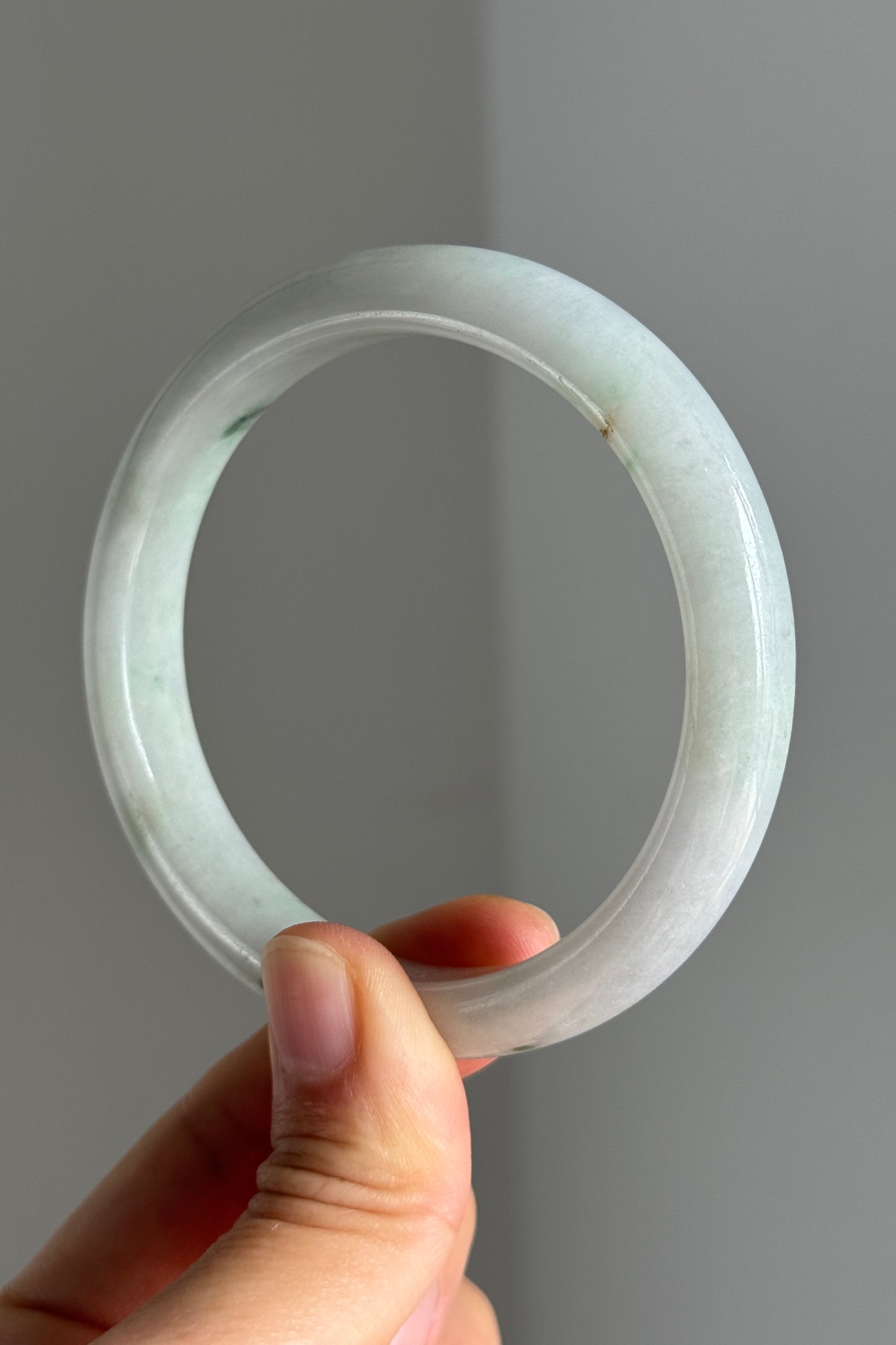 #0366 Light Green Flower White Jade Bangle Size 59.1