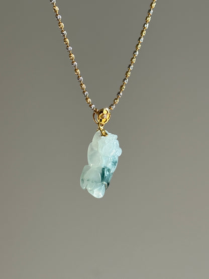 #P0547 "Pixiu" Icy Blue Flower Jadeite Jade 18K Yellow Gold Pendant