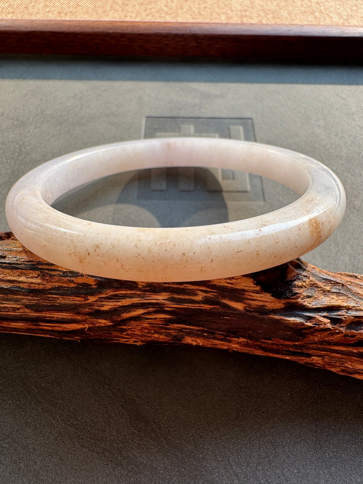 #0390 Icy White Light Lavender Golden Flecks Jade Bangle Size 60