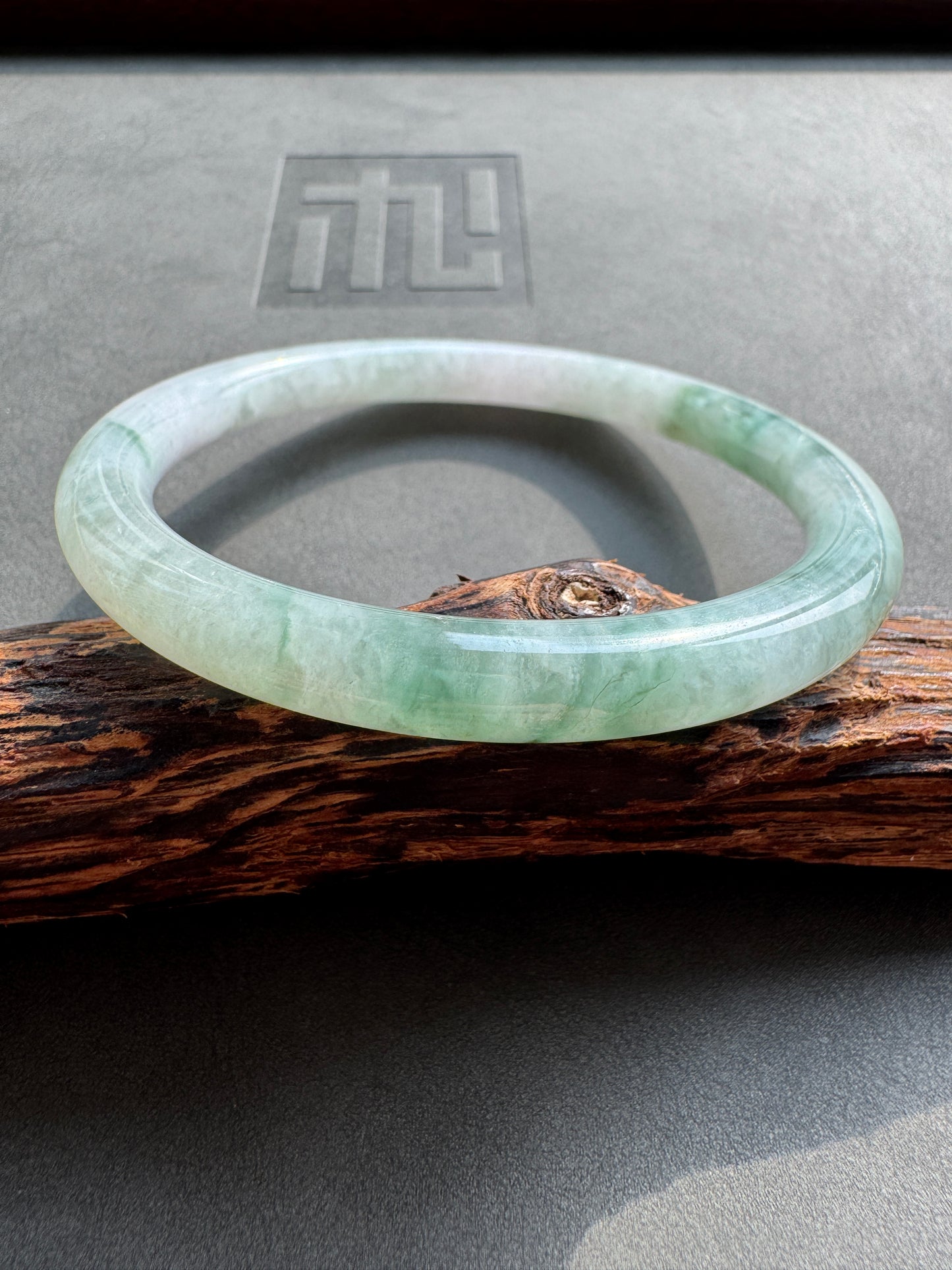 #0376 Icy Green Flower White Slim Jade Bangle Size 59.5 (fits up to 61.5)