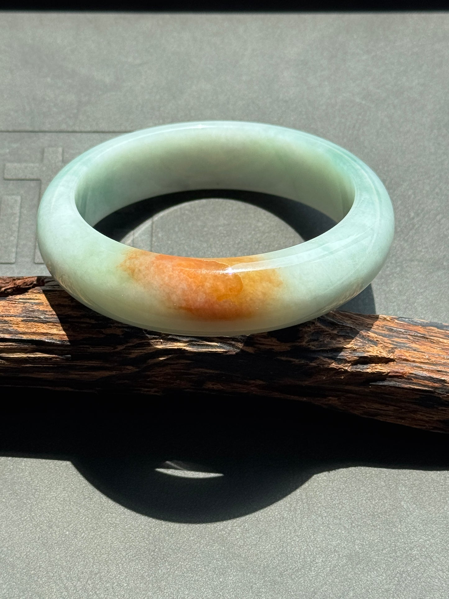 #0382 Icy Lotus Green Orange Yellow Wide Jade Bangle Size 57.8