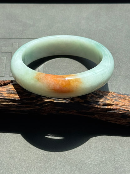 #0382 Icy Lotus Green Orange Yellow Wide Jade Bangle Size 57.8
