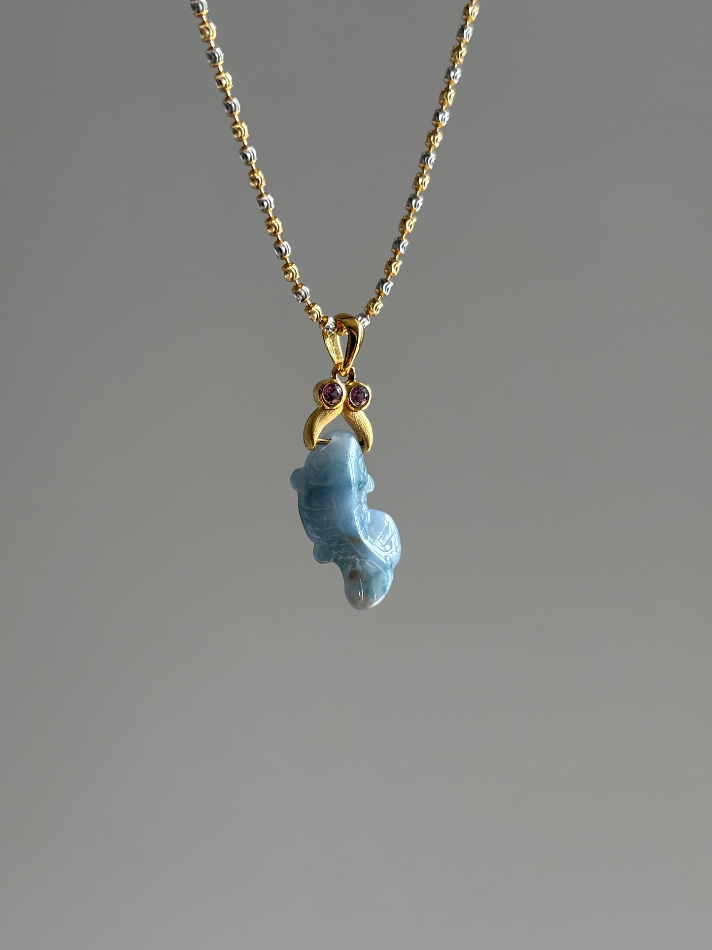 #P0520 "Monet Goldfish" Icy Rich Lavender Green Red Flower Jadeite Jade 18K Yellow Gold Pendant
