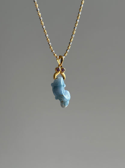 #P0520 "Monet Goldfish" Icy Rich Lavender Green Red Flower Jadeite Jade 18K Yellow Gold Pendant