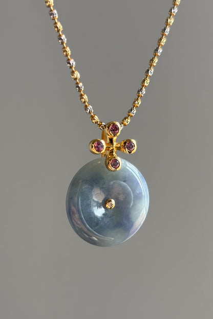 #P0475 "Bi" Icy Monet Lavender & Green Jadeite Jade Donut 18K Yellow Gold Pendant