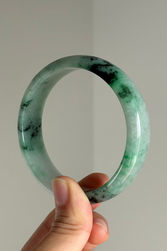 #0377 Sun Green Ink Flower Wide Jade Bangle Size 59.4