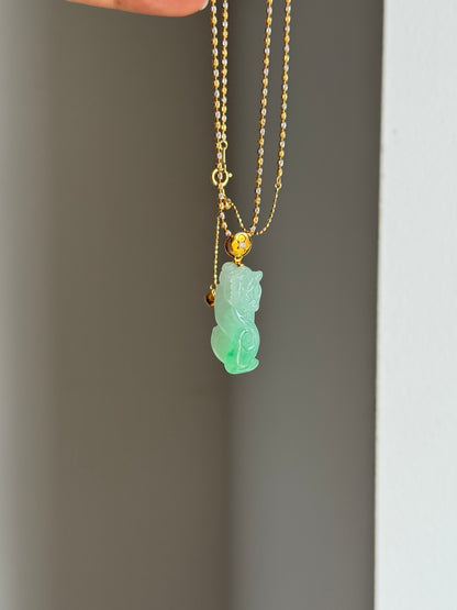 #P0550 "Pixiu" Icy Vivid Sun Green Jadeite Jade 18K Yellow Gold Pendant