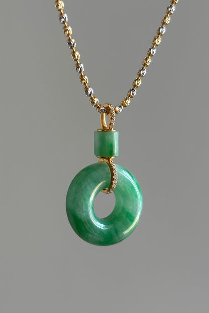 #P0436 "Ping An Kou" Vivid Green Jadeite Jade Donut 18K Yellow Gold VS Diamonds Pendant