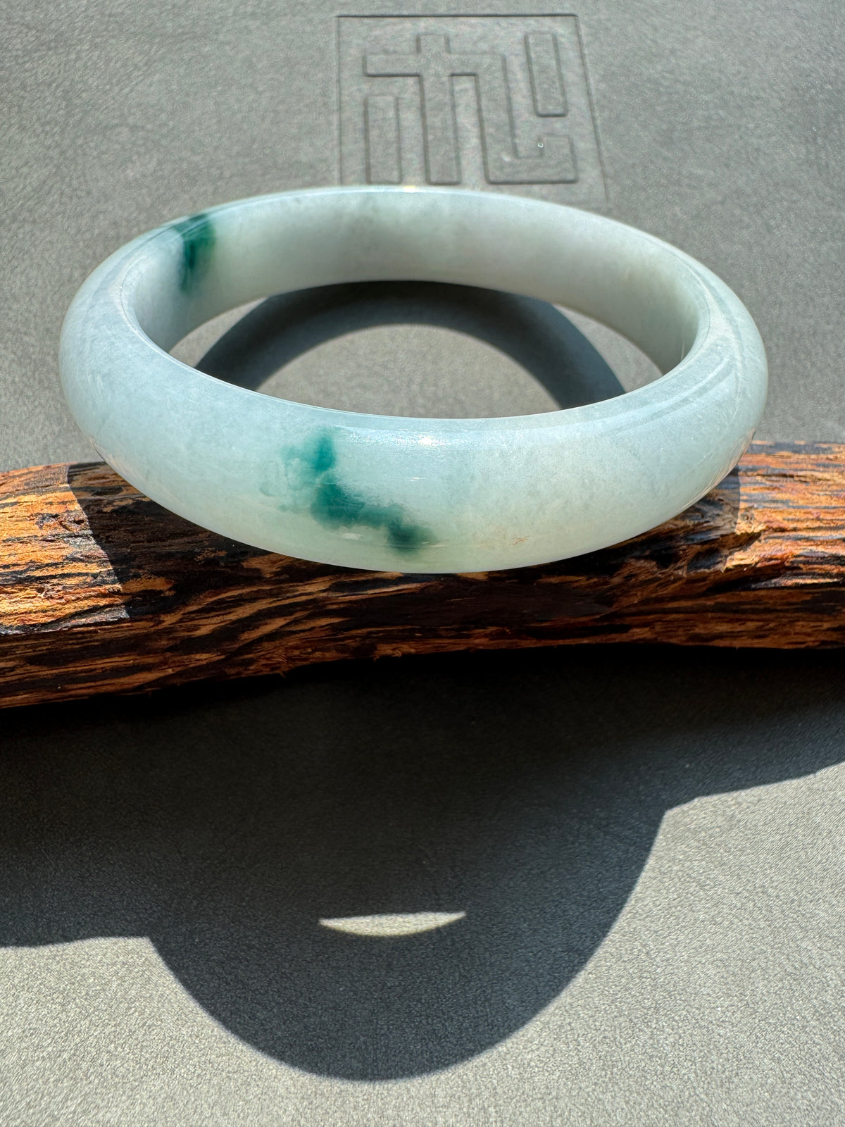#0436 Icy Bluish Green Flower Jade Bangle Size 55
