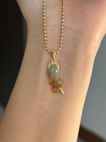 #P0562 "Goldfish" Icy Orange Red Jadeite Green Jade 18K Yellow Gold Pendant