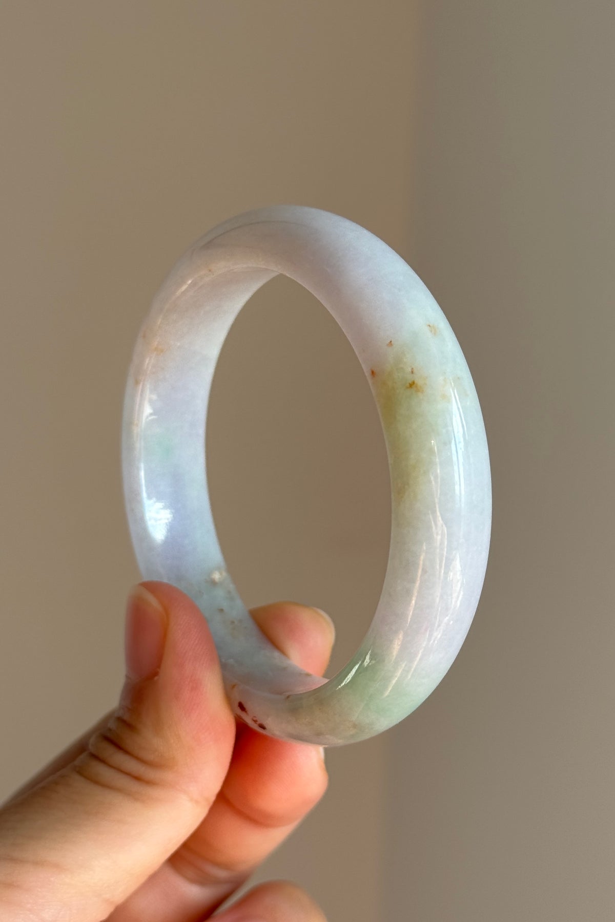 #0424 Light Lavender Sun Green Red Spots Jade Bangle Size 54