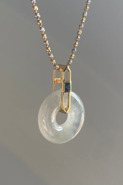 #P0473 "Bi" Highly Icy White Jadeite Jade Donut 18K Yellow Gold Pendant