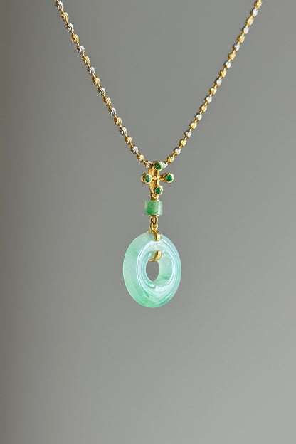 #P0541 "Bi" Icy Sun Green Jadeite Jade Donut 18K Yellow Gold Pendant