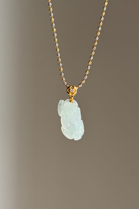 #P0531 "Pixiu" Icy Light Green Jadeite Jade 18K Yellow Gold Pendant
