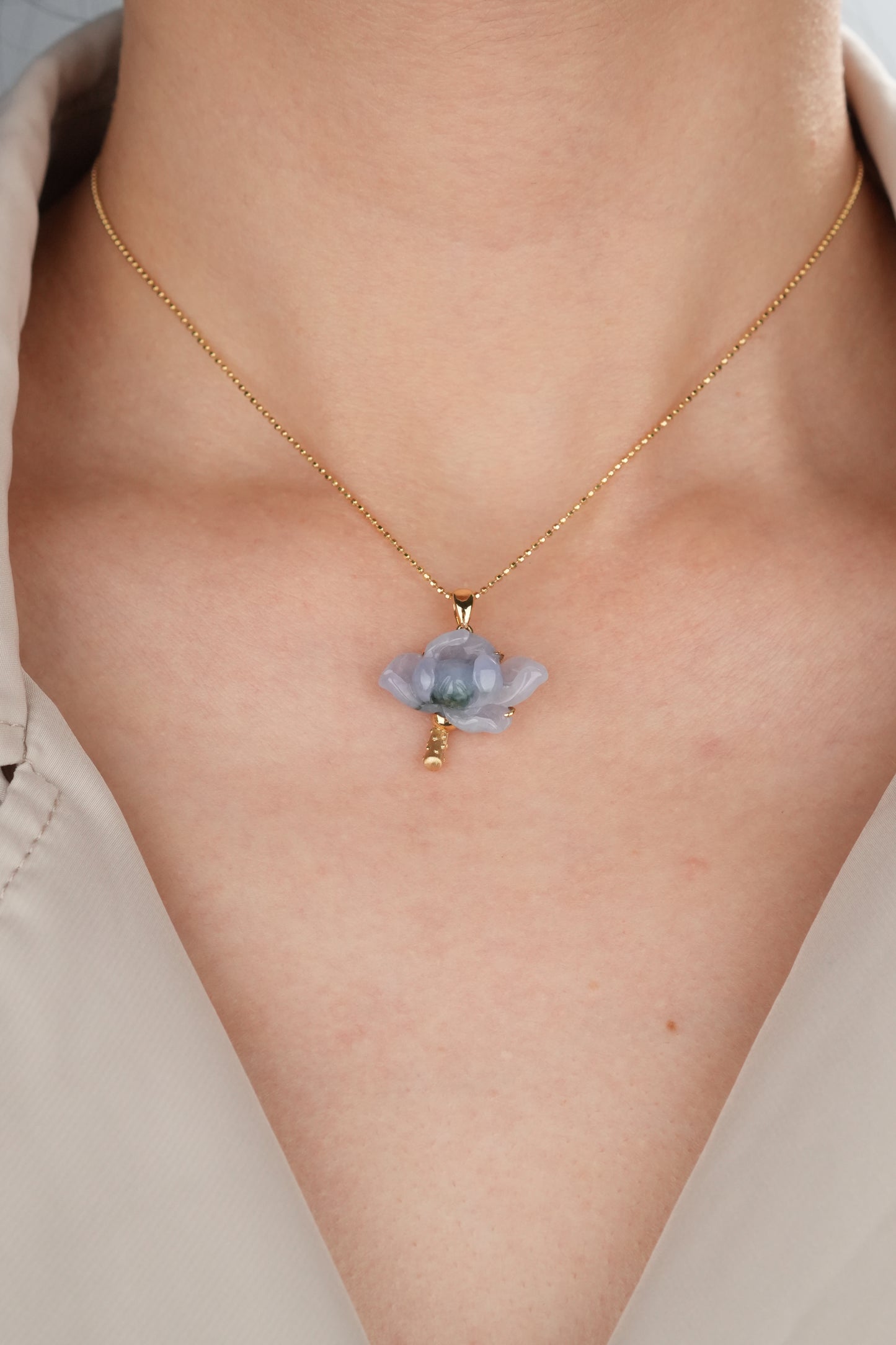 #0439 "Lotus" Icy Spring Lavender & Green Jadeite Jade 18K Yellow Gold Pendant