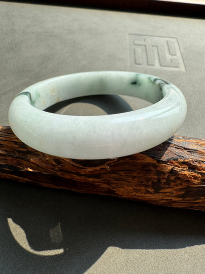 #0402 White Green Ink Flower Jade Bangle Size 56.5