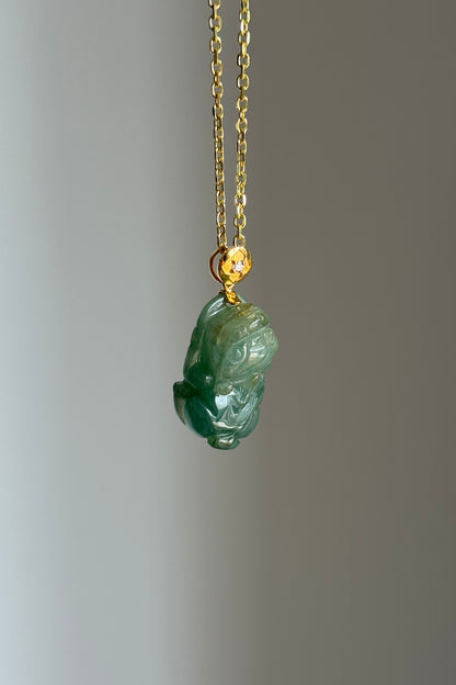 #P0542 "Pixiu" Icy Blue Water Green Jadeite Jade 18K Yellow Gold Pendant