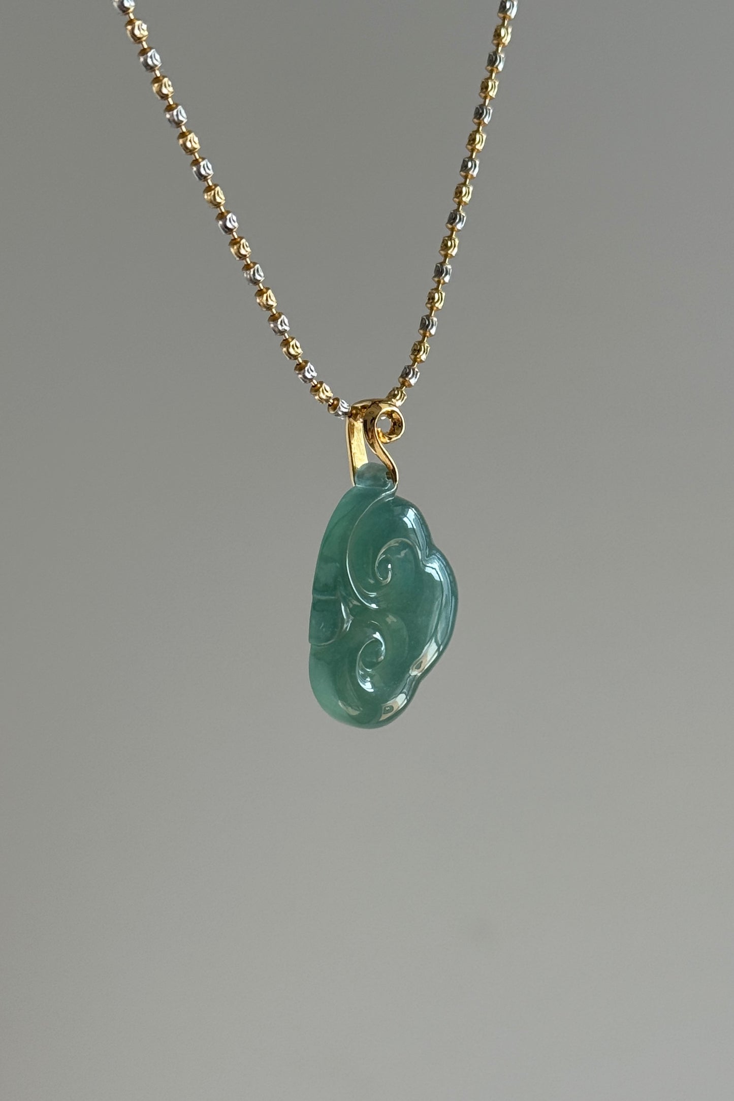 #P0527 "Ruyi / As Your Wish" Highly Icy Blue Water Rich Lake Green Jadeite Jade 18K Yellow Gold Pendant