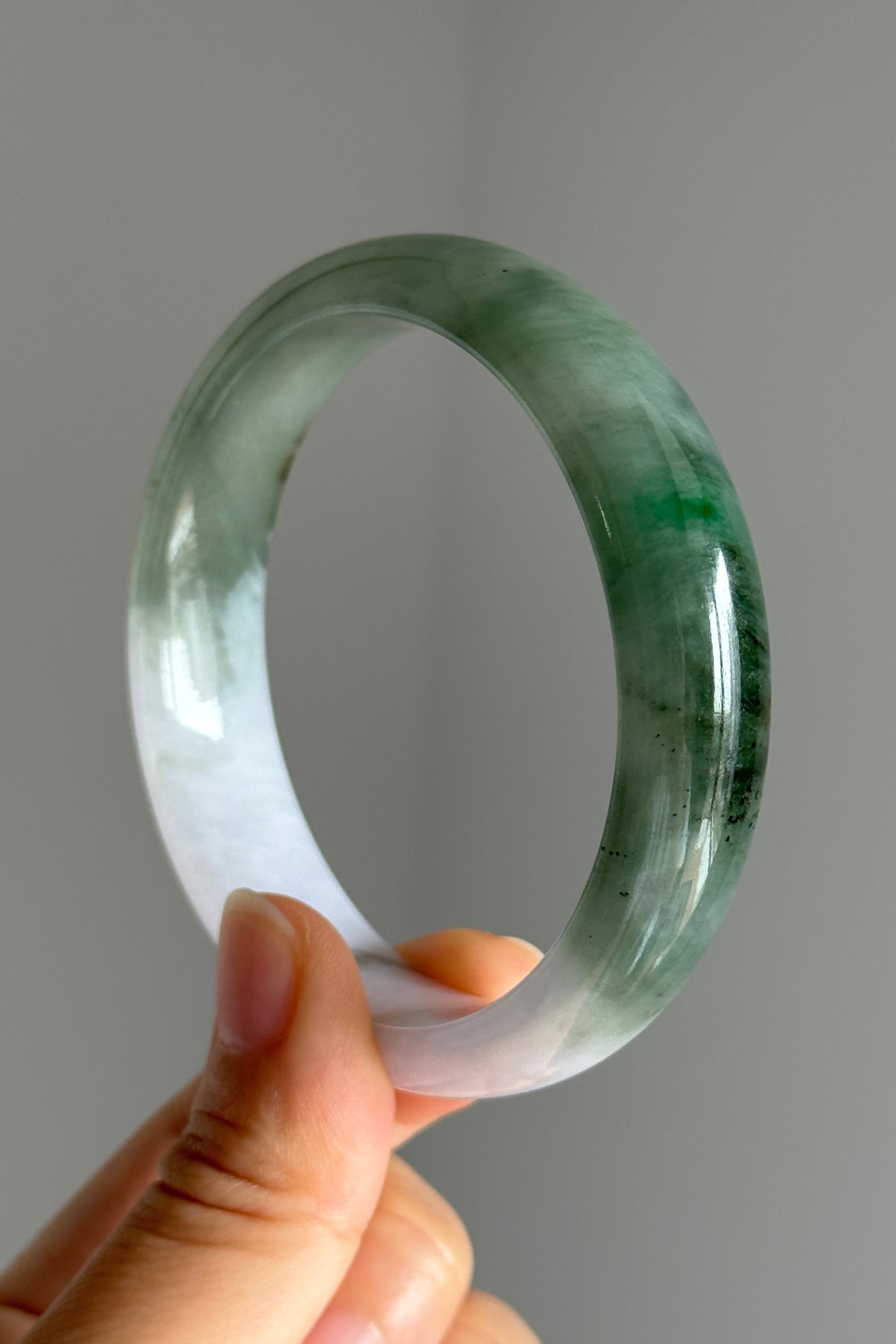 #0397 Icy Sun Green Flower Olive Green Light Lavender White Jade Bangle Size 57.6