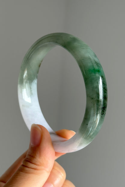 #0397 Icy Sun Green Flower Olive Green Light Lavender White Jade Bangle Size 57.6