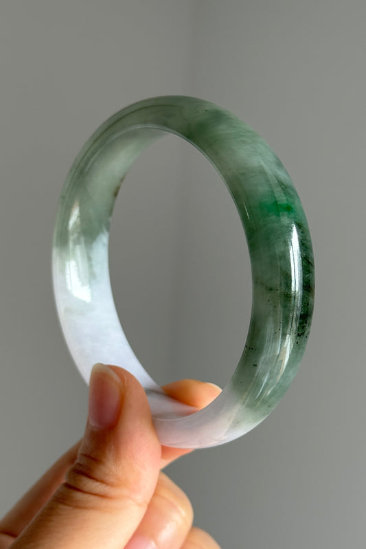 #0397 Icy Sun Green Flower Olive Green Light Lavender White Jade Bangle Size 57.6