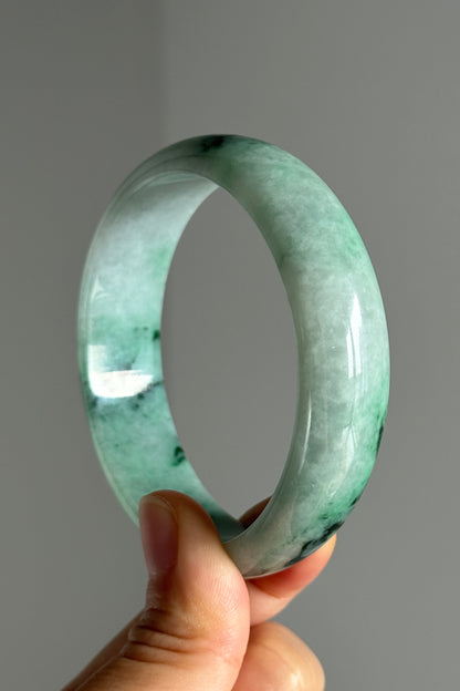 #0377 Sun Green Ink Flower Wide Jade Bangle Size 59.4