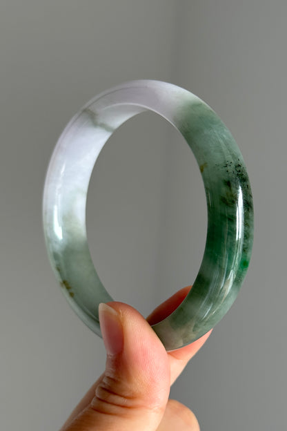 #0397 Icy Sun Green Flower Olive Green Light Lavender White Jade Bangle Size 57.6