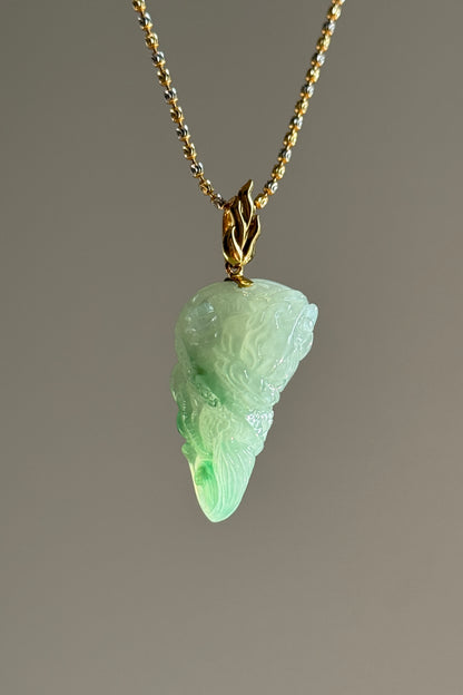 #P0533 "Fire Dragon" Icy Green Jadeite Jade 18K Yellow Gold Pendant