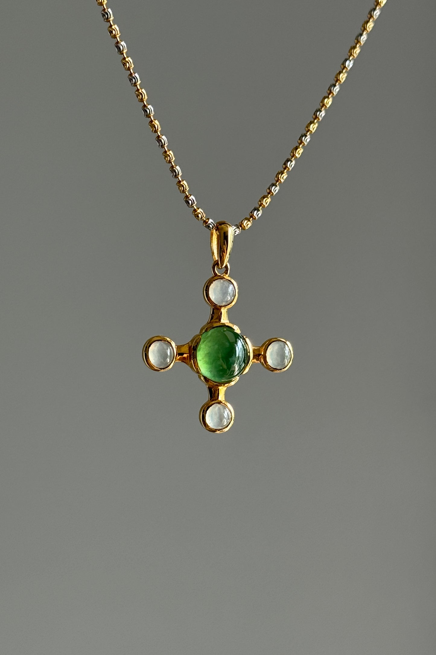 #P0551 "Blossom Cross" Highly Icy Sun Green & White Cabochon Jadeite Jade 18K Yellow Gold Pendant