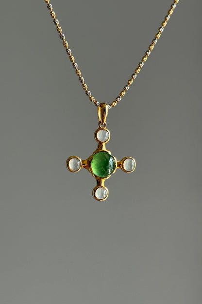 #P0551 "Blossom Cross" Highly Icy Sun Green & White Cabochon Jadeite Jade 18K Yellow Gold Pendant