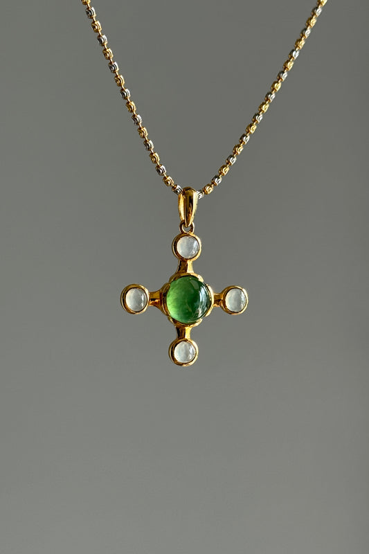#P0551 "Blossom Cross" Highly Icy Sun Green & White Cabochon Jadeite Jade 18K Yellow Gold Pendant