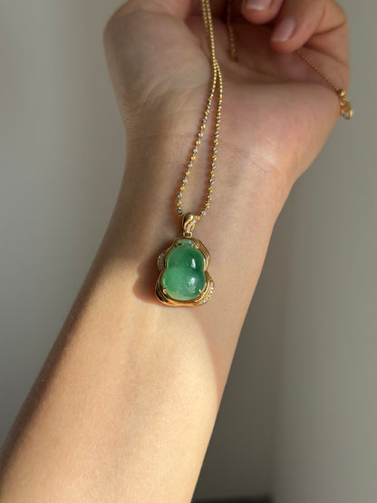 #P0568 "Hulu/Gourd" Icy Imperial Sun Green Jadeite Jade 18K Yellow Gold Pendant