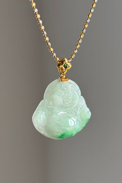 #P0462 Icy Sun Green Jadeite Jade Buddha 18K Yellow Gold Pendant