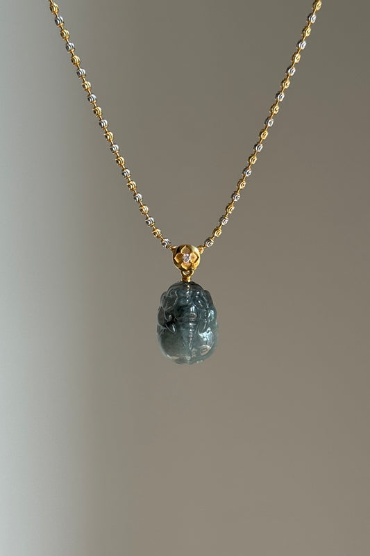 #P0528 "Pixiu" Icy Black & White Ink Wu Ji Jadeite Jade 18K Yellow Gold Pendant